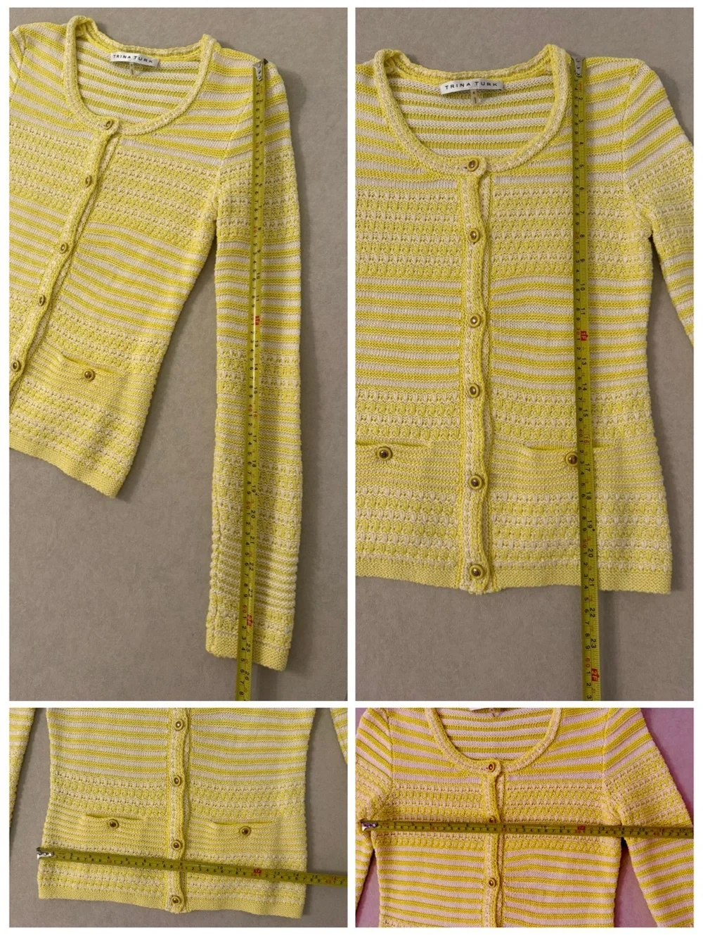 Trina Turk Yellow White Striped Cotton Knit Button-Front Cardigan Sweater Sz S